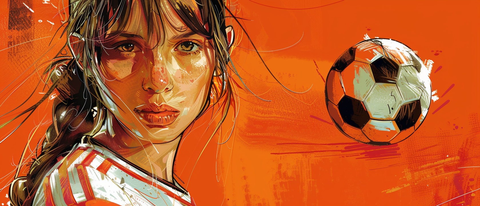 Девушка с мячом на оранжевом фоне смотрит на плакат Winline